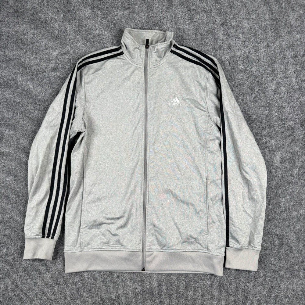 Adidas Track Jacket Mens Size M Grey Black Stripe Full Zip Athletic Mock Neck